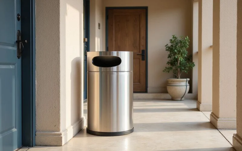 Valet trash bin beside an apartment door in a clean corridor