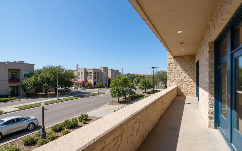 View from a new apartment balcony over a San Antonio streetscape