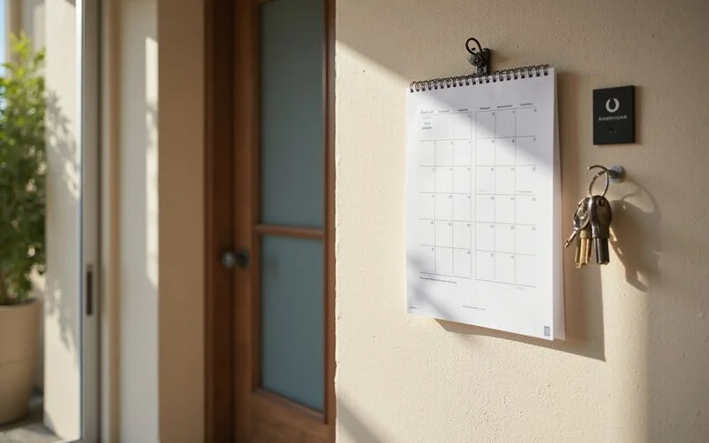 Wall calendar beside a sunny apartment entry with keys on a hook