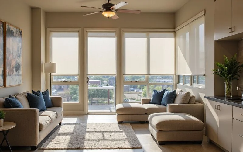 West-facing apartment window with solar shades in bright Texas sun