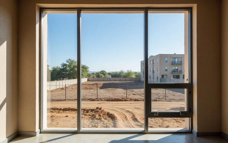 Window view from a new apartment toward an empty lot under development