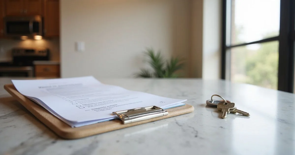 Clipboard checklist on a new apartment quartz counter with keys beside it