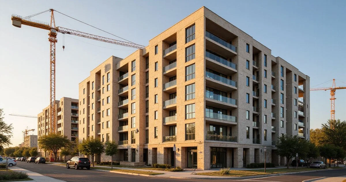 Construction cranes behind a finished new apartment building at golden hour