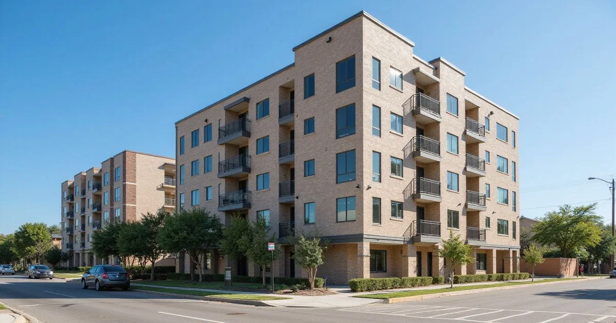 Finished apartment building next to one still framing on a bright day