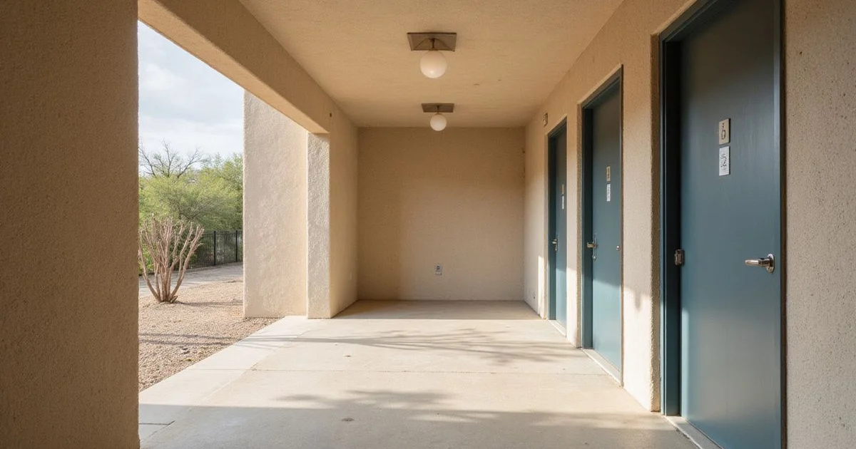 Hallway of unit doors in a brand-new apartment building with daylight from an end window