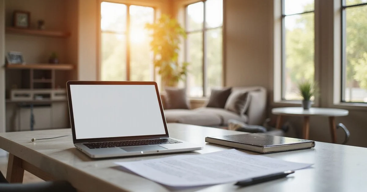 Laptop and a printed letter on a bright apartment desk