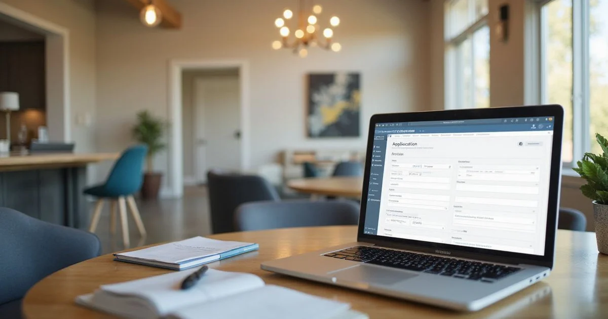 Laptop showing a blank application form in a bright leasing lounge