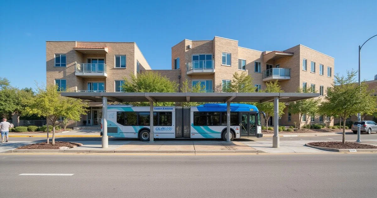 Modern transit shelter on a San Antonio street with new apartments behind it