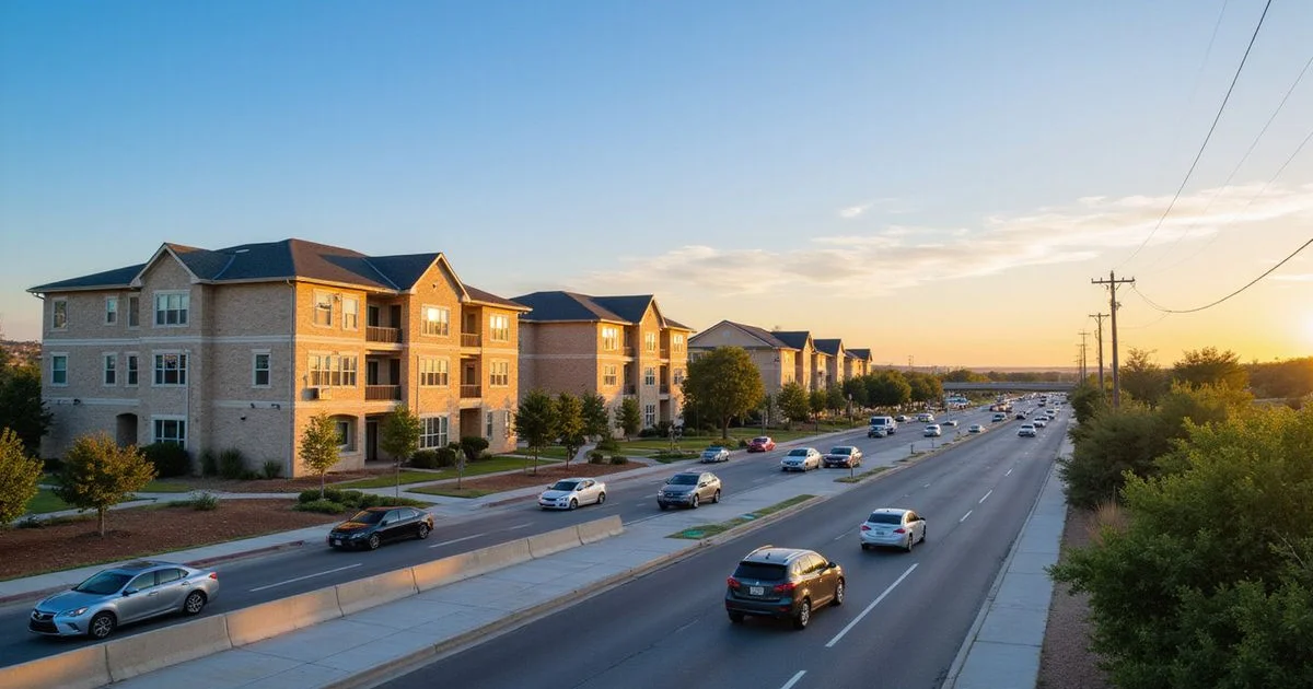 Morning traffic on a wide San Antonio highway with new apartment buildings in view