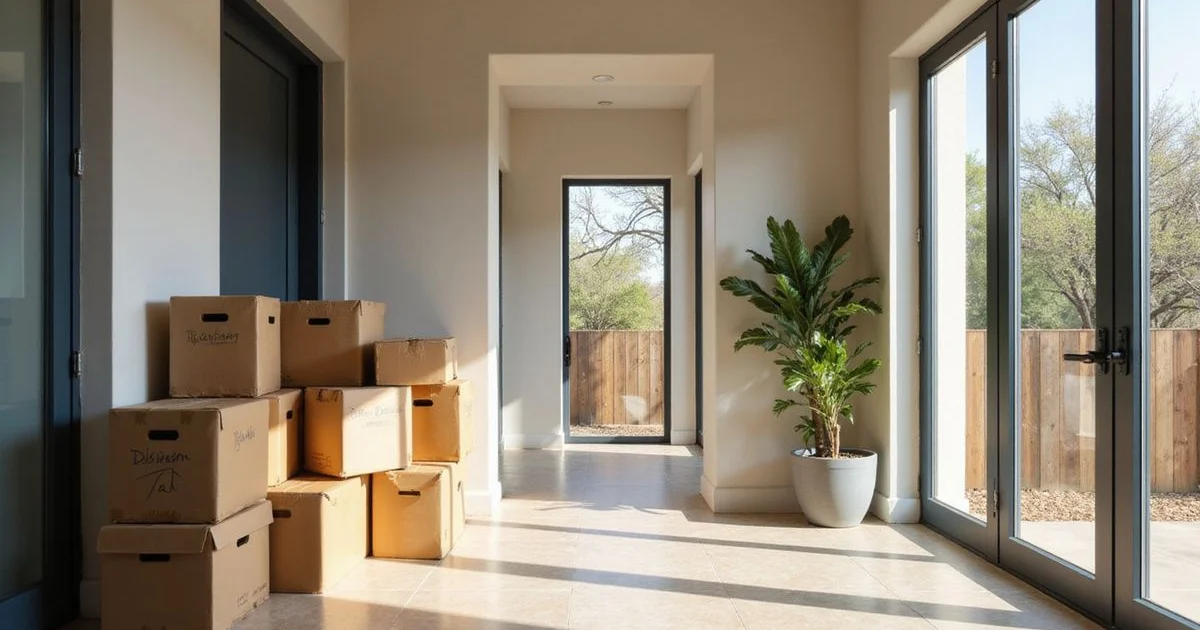 Moving boxes stacked in a sunlit new apartment entry with limestone floor tile