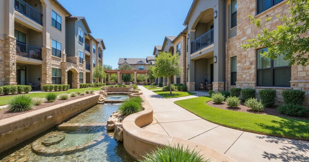 New apartment building beside a landscaped limestone drainage channel on a clear day