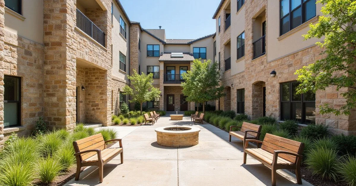 New apartment building courtyard with benches and native plants in bright sun
