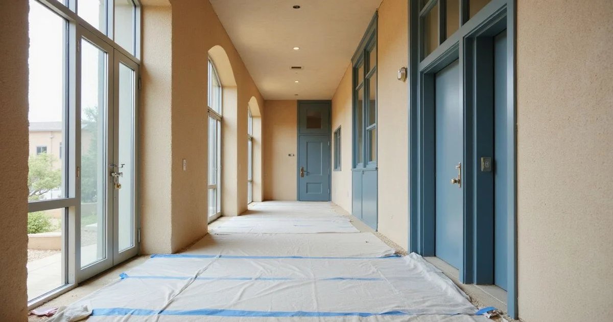 New apartment corridor with protective floor covering and painter's tape