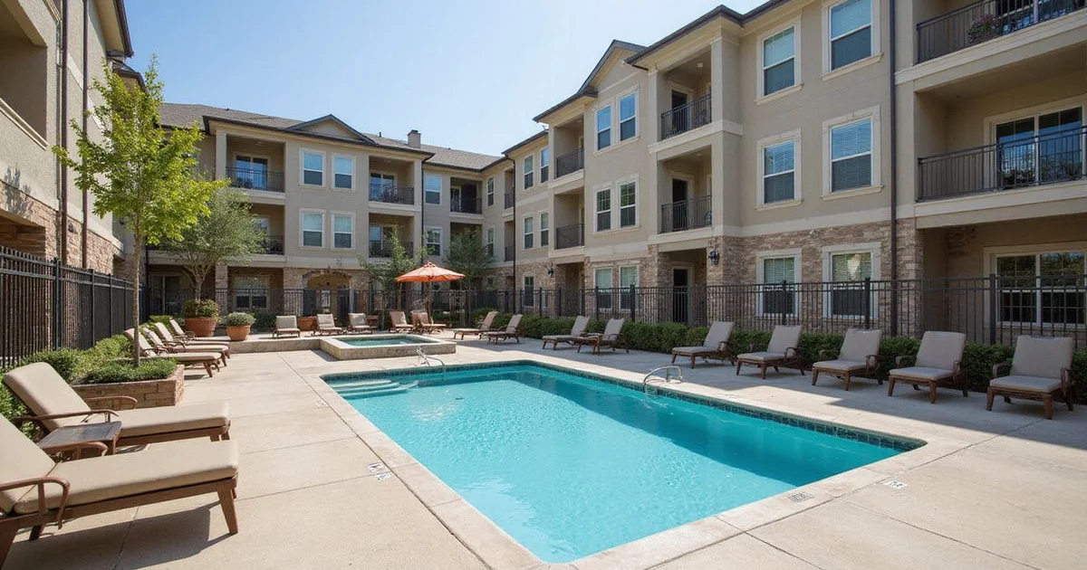 New apartment courtyard with a finished pool and an amenity area still under construction