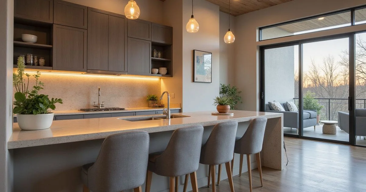 New apartment kitchen with lights on at dusk and a warm glow