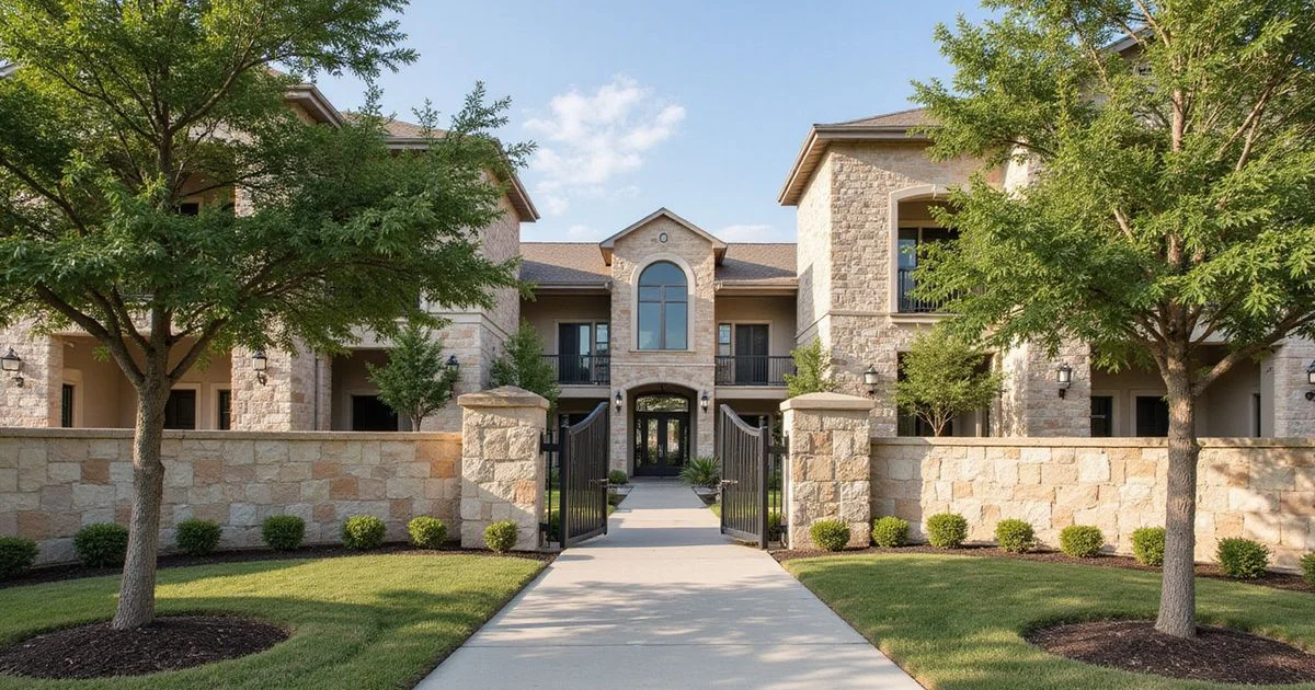 Garden-style apartment community entry with young oak trees on a bright morning