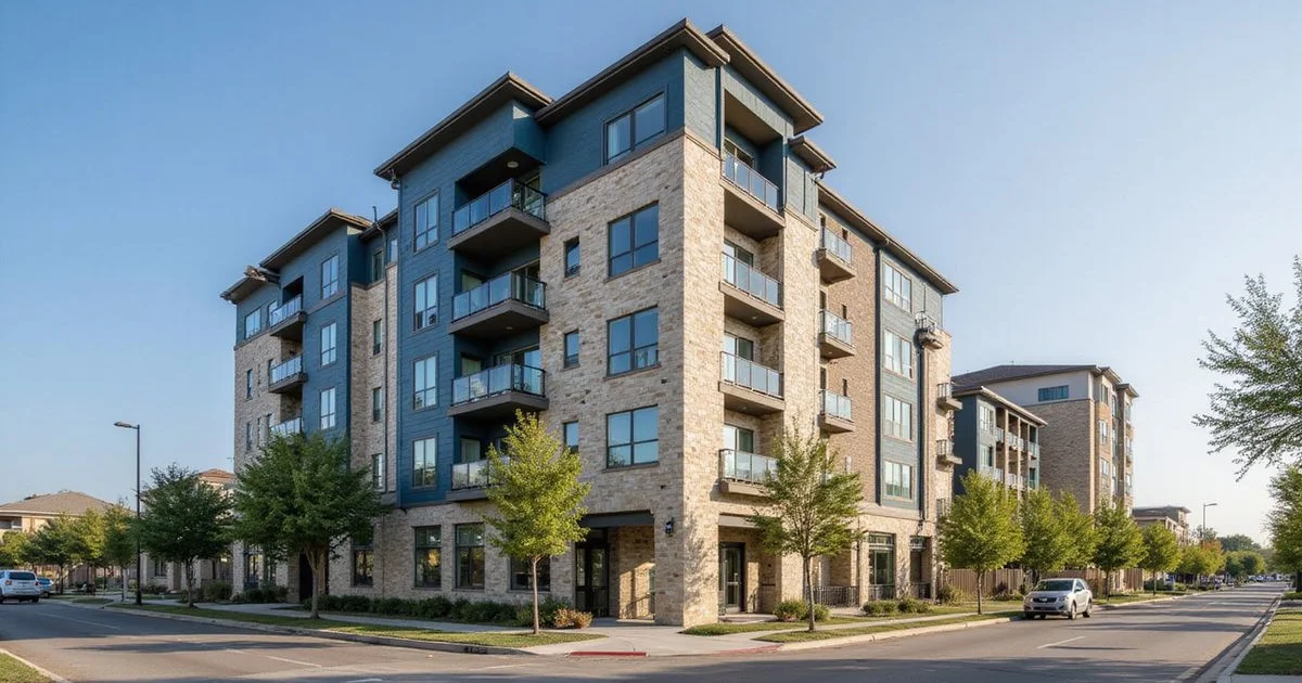 New mid-rise apartment building with a limestone base and slate blue panels