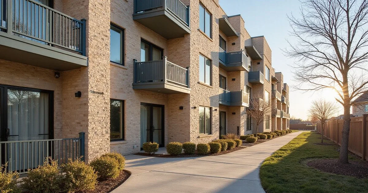 New San Antonio apartment exterior in low winter sun with long shadows across limestone