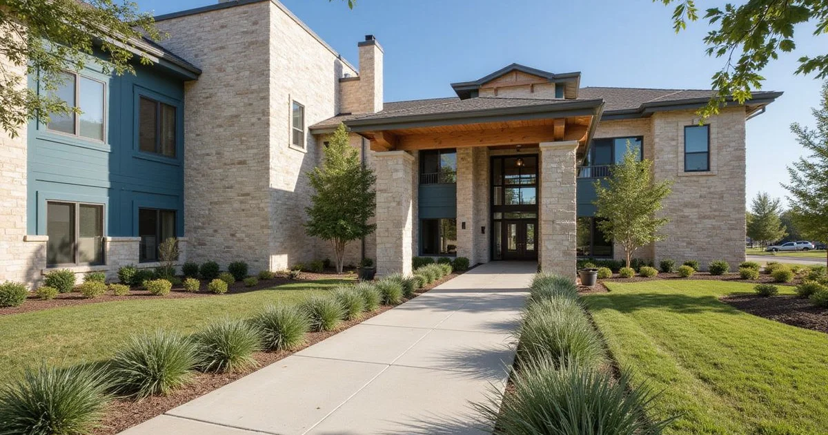 Newly opened apartment building entrance with fresh landscaping on a bright morning