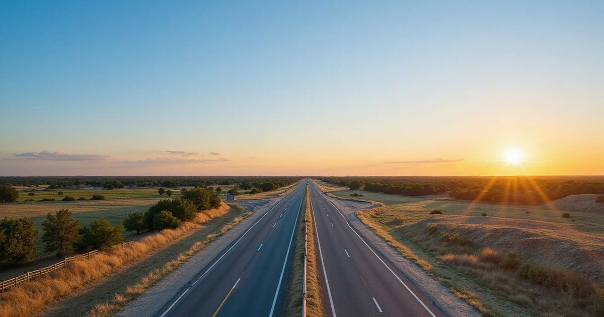 Open Texas tollway stretching through farmland near Seguin at golden hour