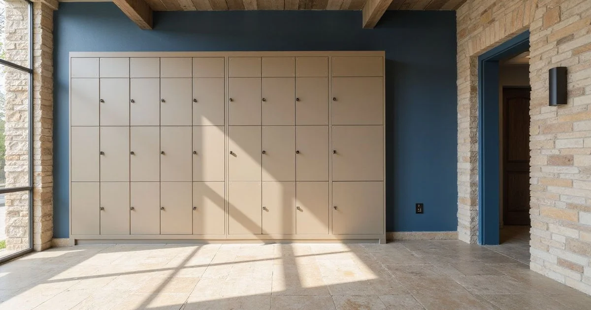 Package lockers in a bright new apartment lobby with a limestone floor
