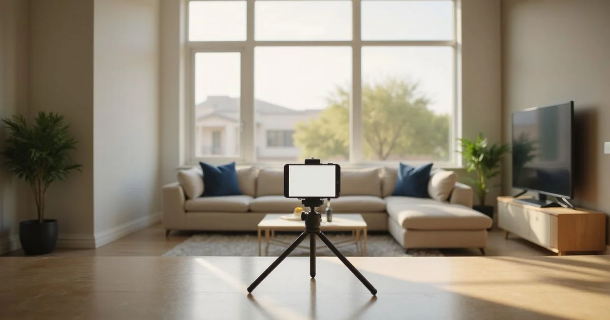 Phone on a tripod in a sunlit apartment living room facing a large window
