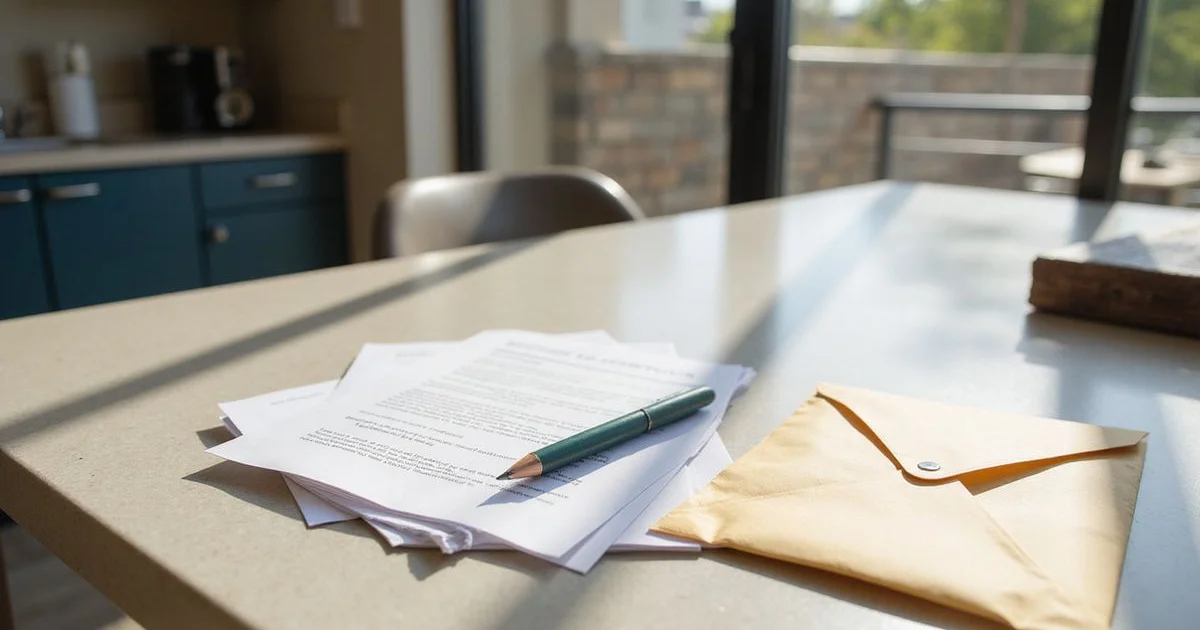 Printed lease and a plain manila envelope on a bright apartment table