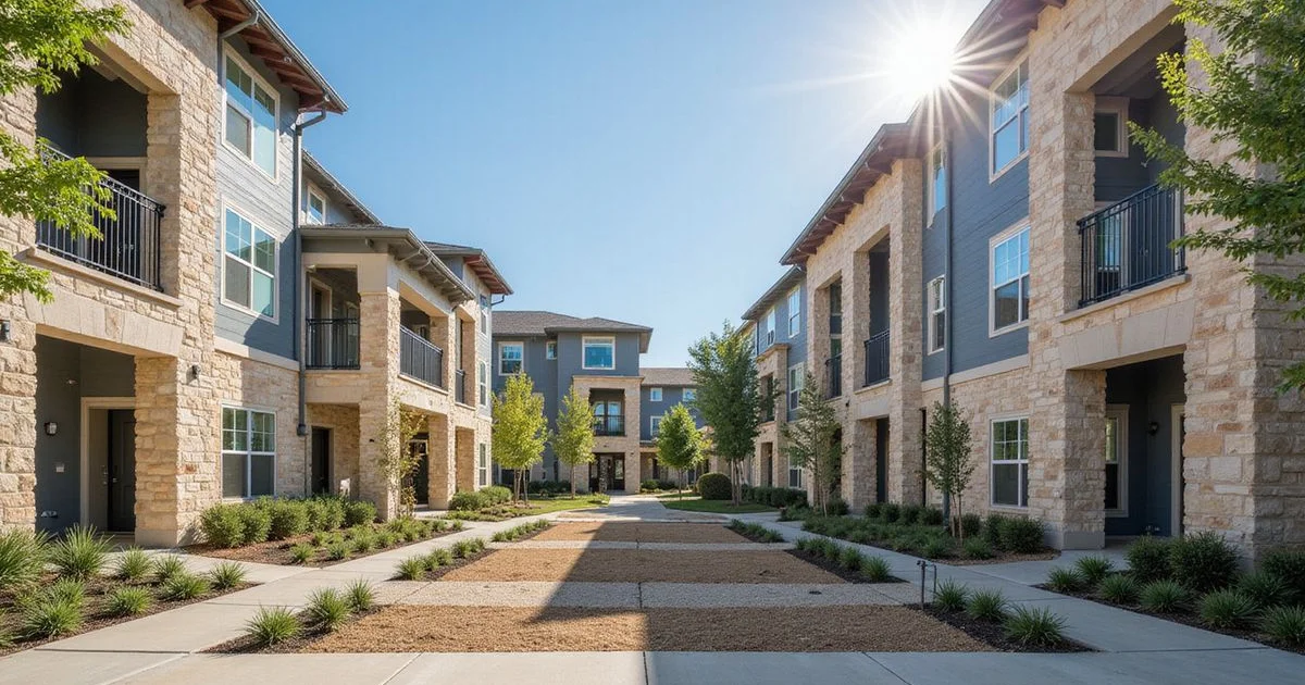 Row of brand-new San Antonio apartment buildings in bright morning sun with limestone and slate blue facades