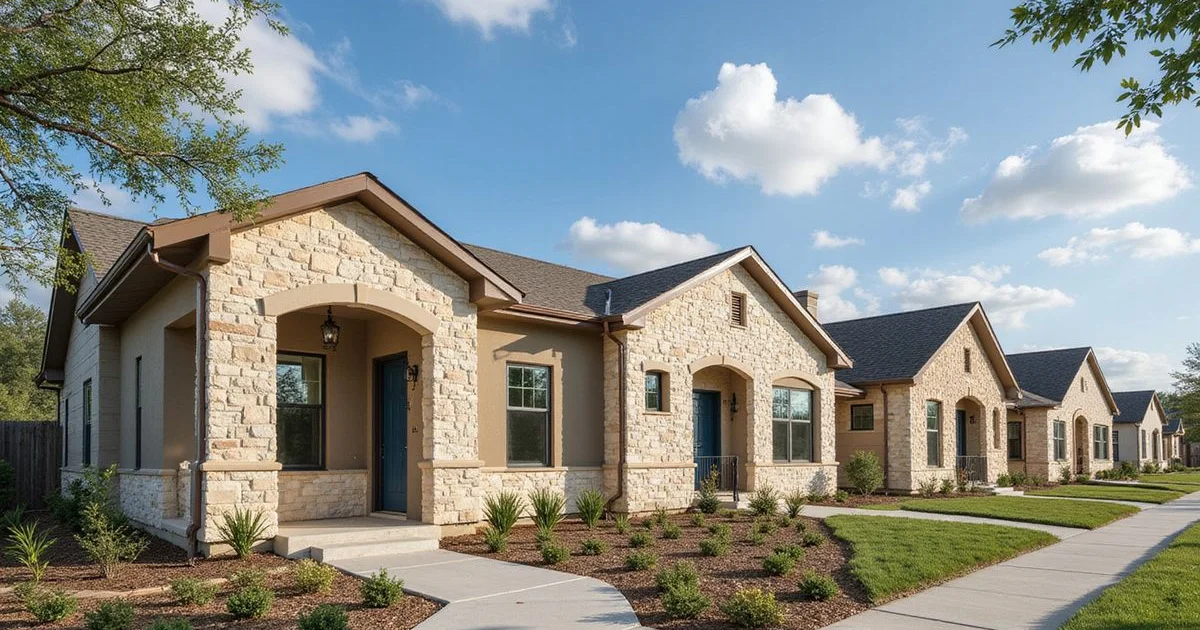 Row of new single-story build-to-rent cottages with limestone accents
