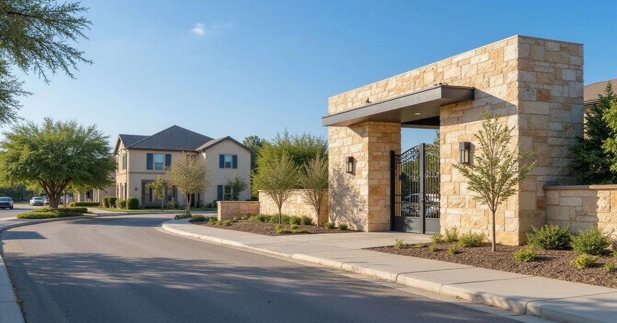 Street where two new neighborhoods meet with a limestone entry wall