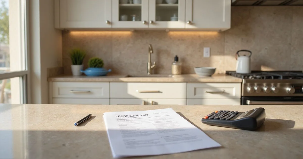 Sunlit new apartment kitchen island with a printed lease summary sheet and a calculator