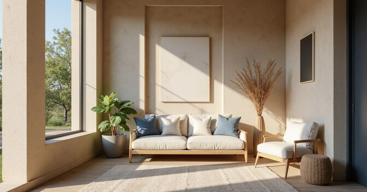 Sunlit new one-bedroom apartment with simple furniture and a limestone accent wall