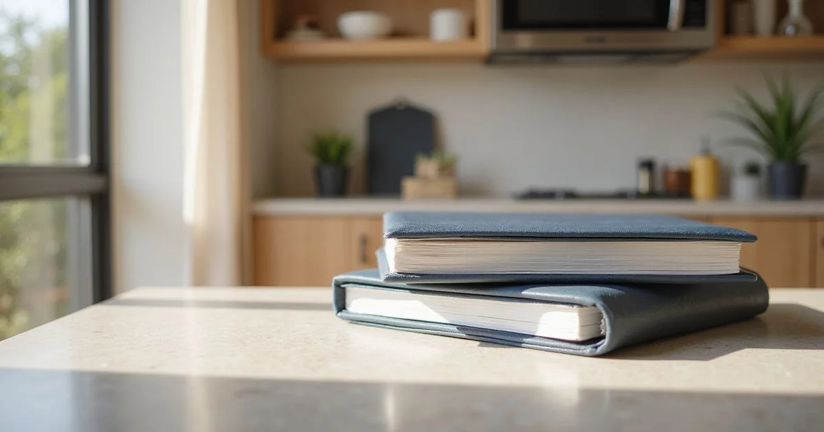 Two lease folders in different colors on a sunlit apartment desk