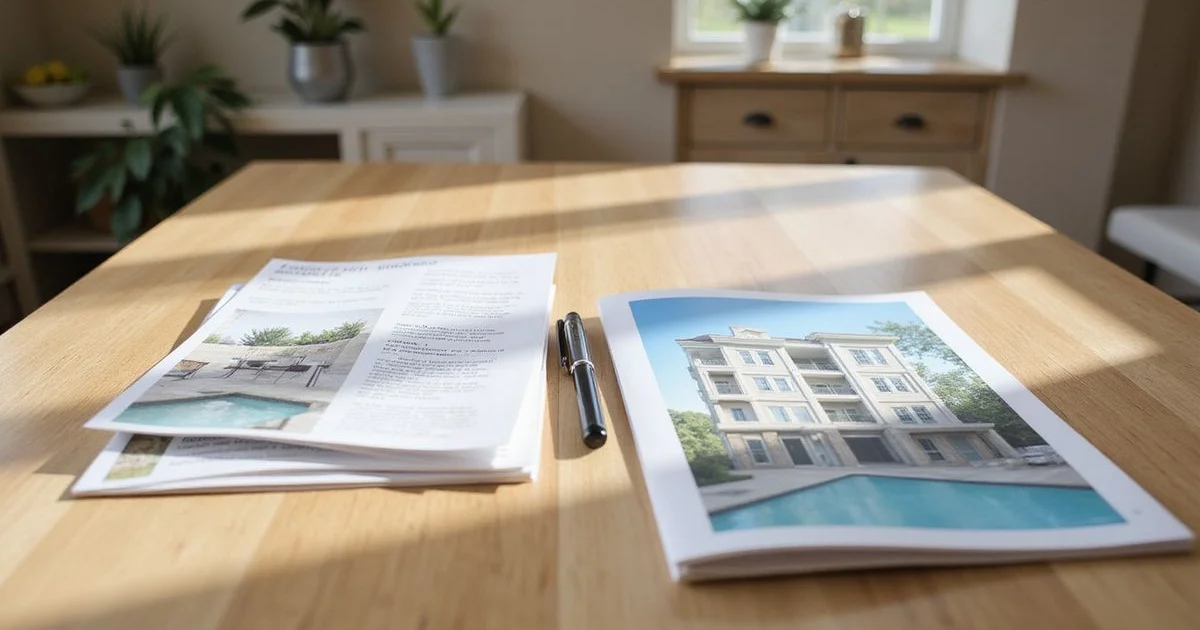 Two printed apartment brochures side by side on a light oak table