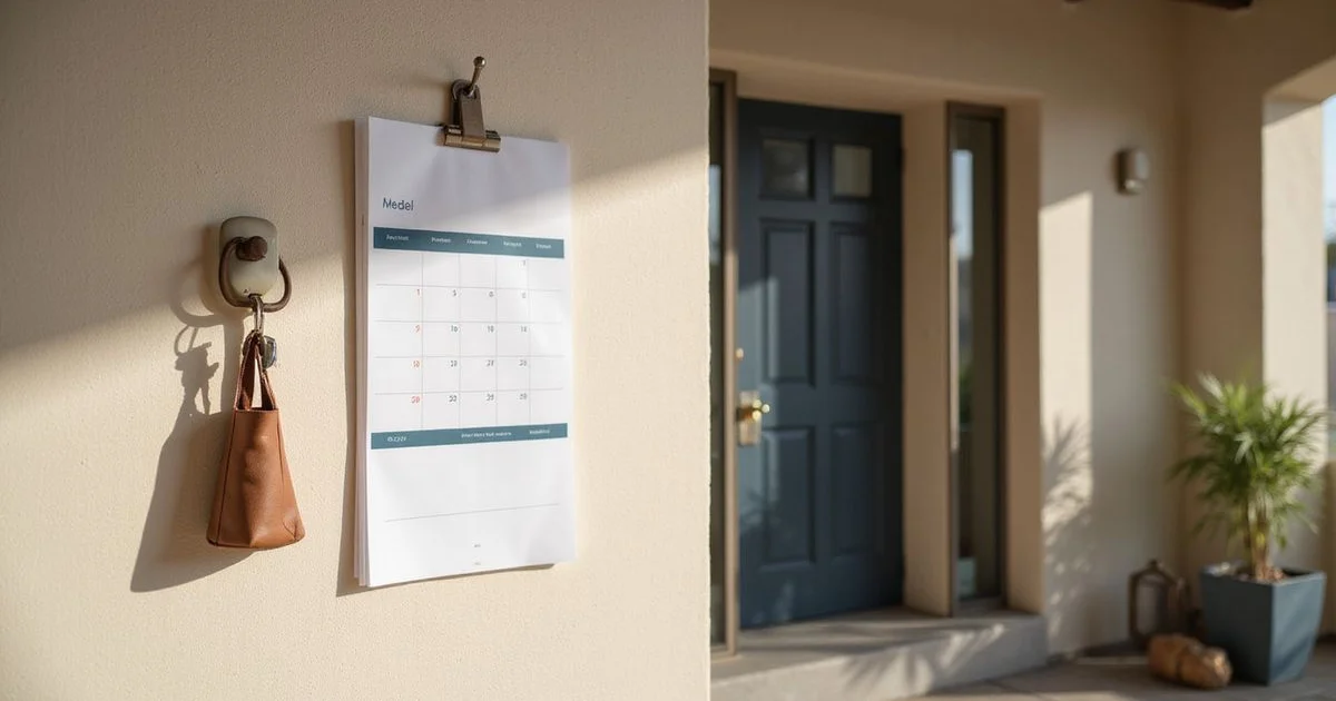 Wall calendar beside a sunny new apartment entry with keys on a hook