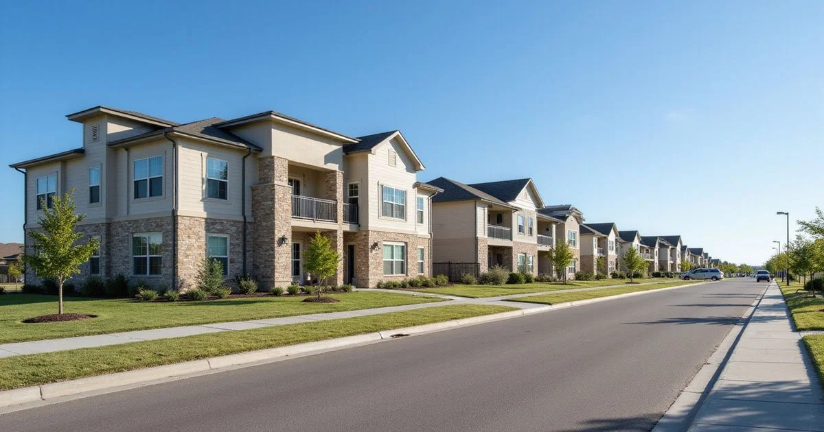Wide view of new apartment buildings along a highway corridor under a clear sky