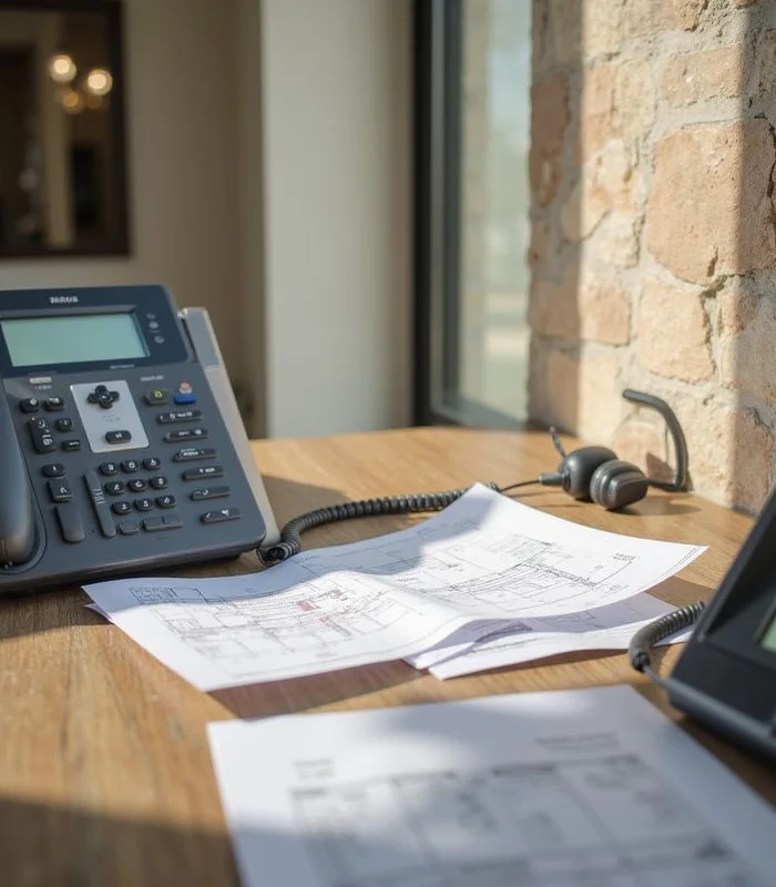 Leasing office desk with fee sheets and floor plans beside a limestone wall