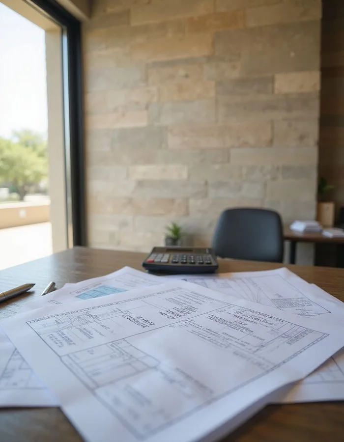 Leasing office desk with printed fee sheets, floor plans, and a calculator