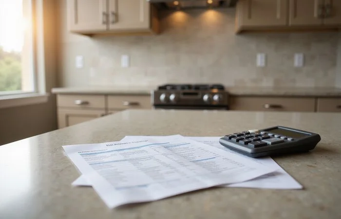 Calculator and lease summary sheet on a sunlit kitchen island