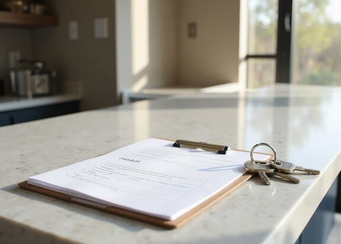 Tour checklist on a clipboard beside new apartment keys