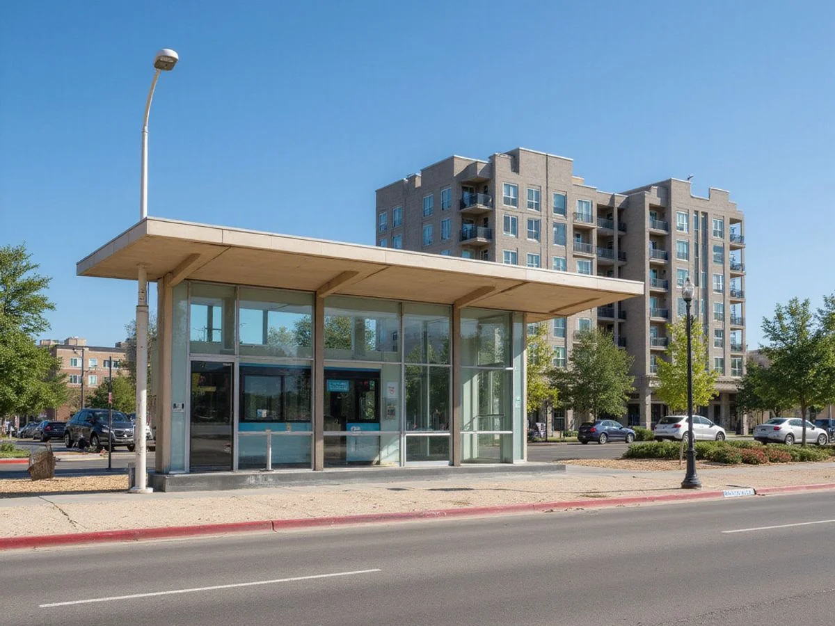 Modern transit shelter on a wide boulevard with new apartment buildings behind it