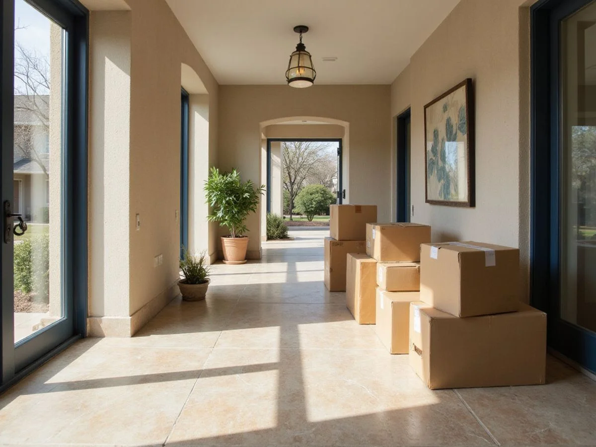 Moving boxes stacked in a sunlit new apartment entry with limestone floor tile