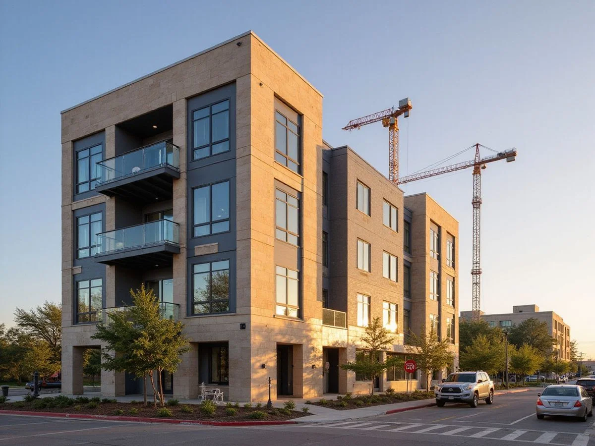 New apartment building nearing completion with a finished facade and cranes in the background