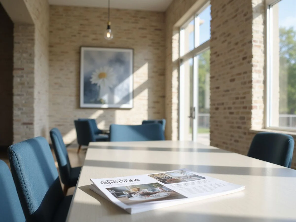 Leasing lounge in a new apartment building with a printed special flyer on a white oak table