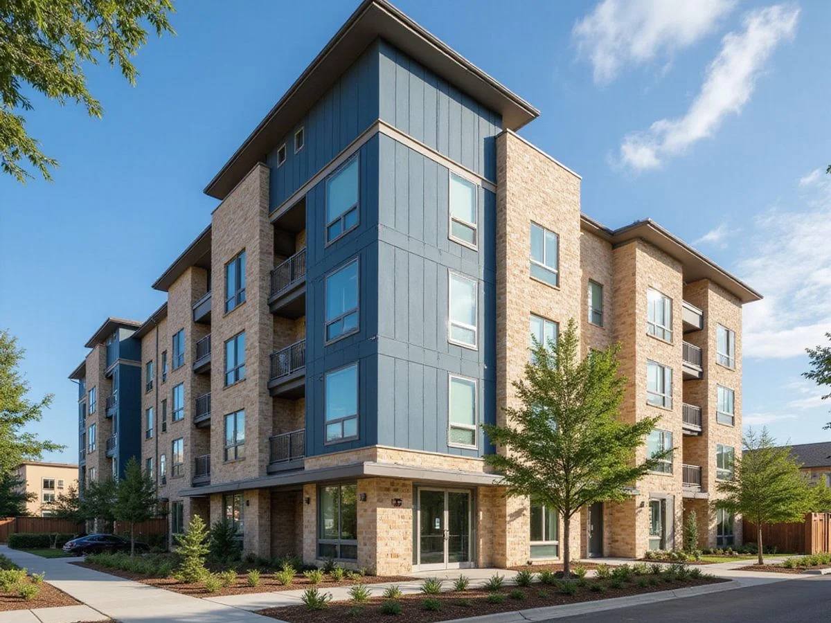 New mid-rise apartment building with a limestone base and slate blue panels
