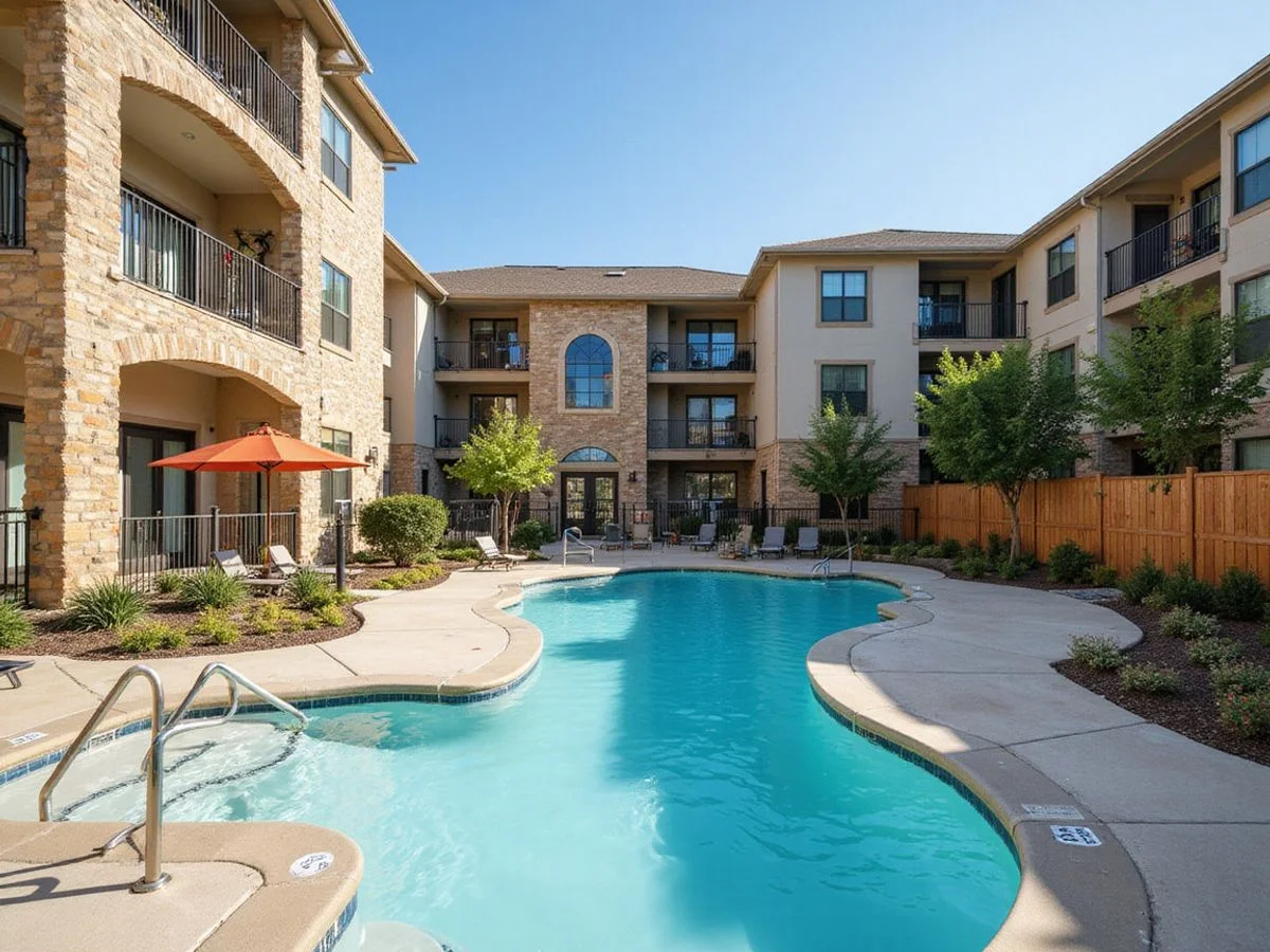 Newly opened apartment building with a finished pool and an amenity wing still under construction