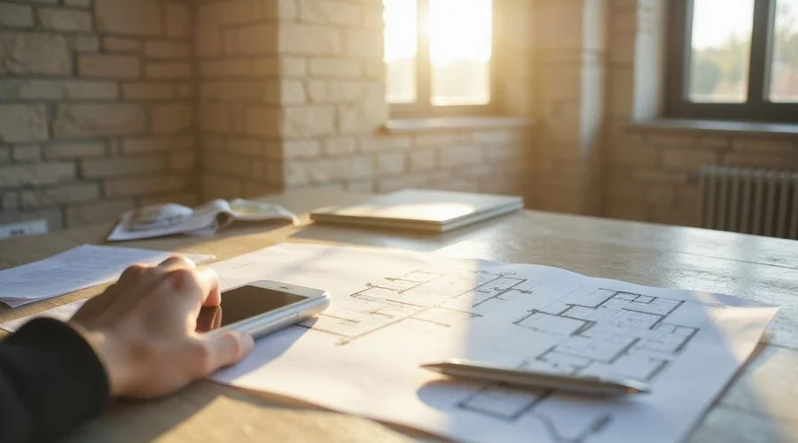 Phone on a desk beside a printed apartment shortlist and floor plans