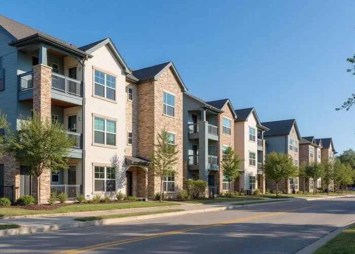 Row of brand-new apartment buildings with limestone and slate blue facades