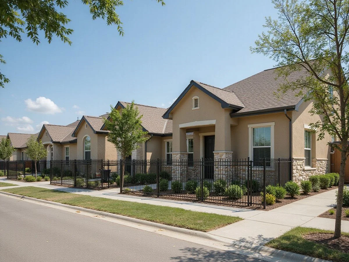 Row of new single-story build-to-rent cottages with limestone accents and fenced yards