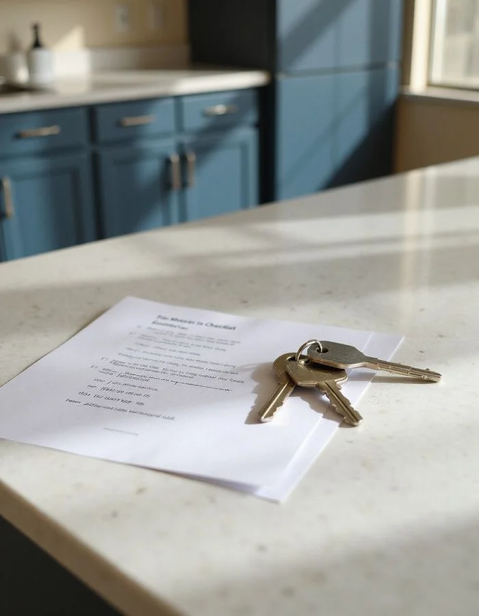 New apartment keys on a quartz counter beside a printed move-in checklist
